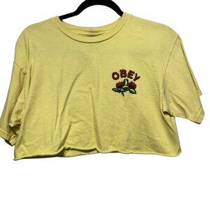 Obey Yellow Crewneck Cropped Rose Graphic T-Shirt Medium